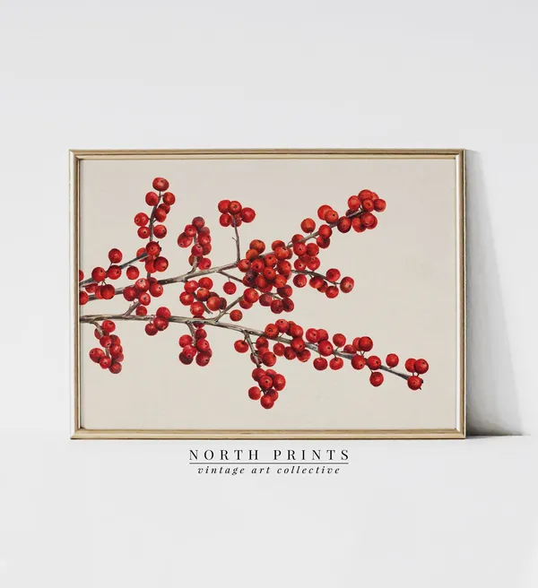Vintage Winter Berry Branch Art Print, Farmhouse Holiday