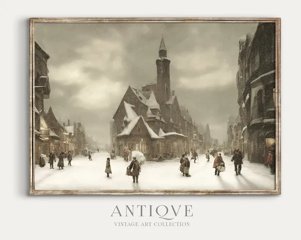 Vintage Snowy Village Street Christmas Art Print