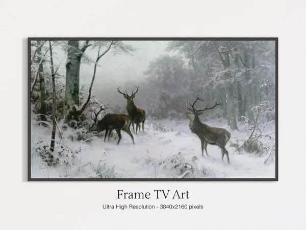 Winter Muted Landscape Animals Vintage Art Print
