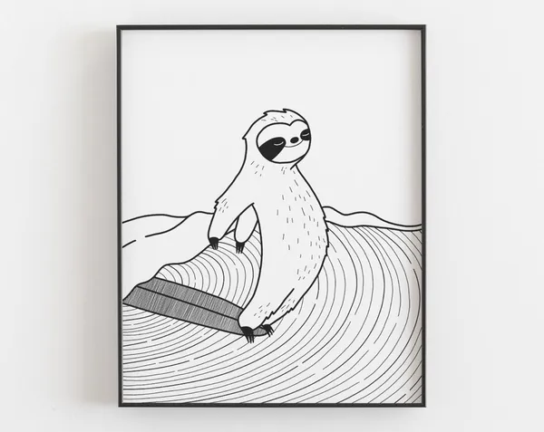 Surfing Sloth Black And White Animal Poster