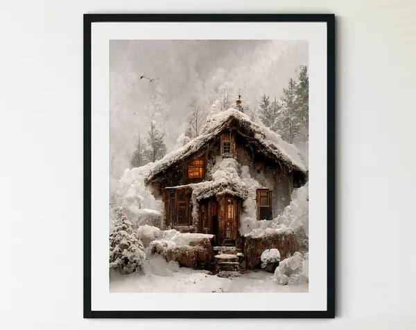 Vintage Cottage Winter Forest Landscape Art Print