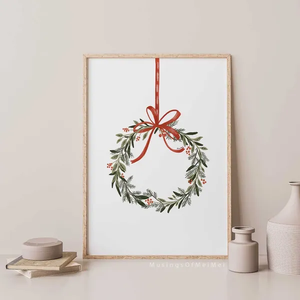 Minimalist Christmas Wreath Art Print, Farmhouse Winter