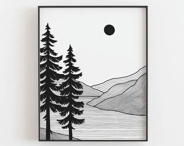 Sunset Over The Mountain Black And White Line Art Print