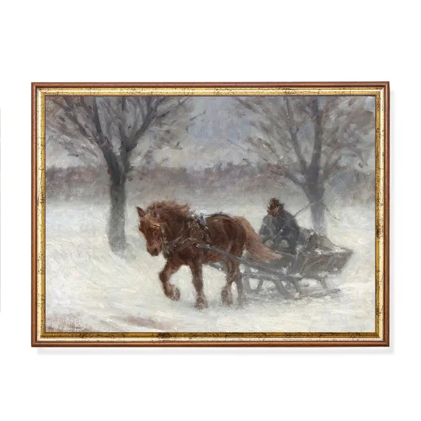 Sleigh Ride in Snow, Vintage Christmas Art Print