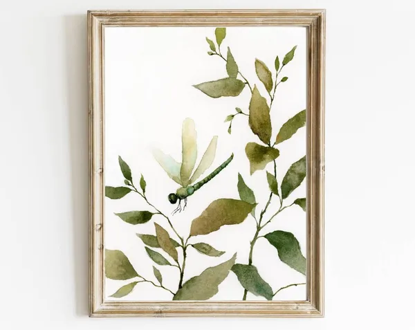 Dragonfly Watercolor Art Print, Botanical Abstract