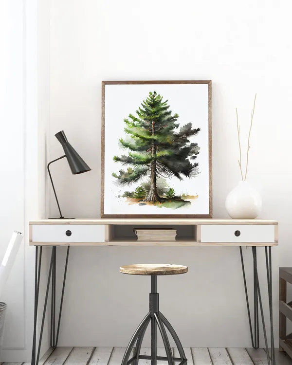 Pine Trees Watercolor Art Print, Mountain Landscape