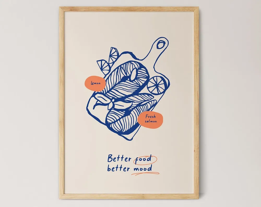 Salmon Vintage Food Poster, Modern Kitchen Art Print