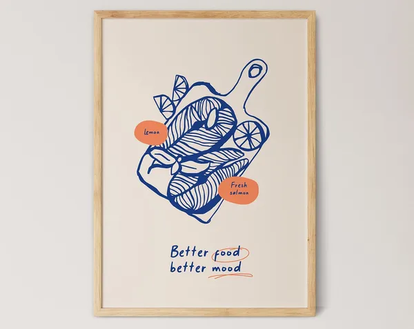 Salmon Vintage Food Poster, Modern Kitchen Art Print