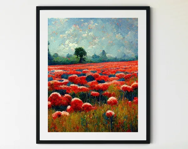Poppy Fields Print, Monet-Style Farmhouse Landscape