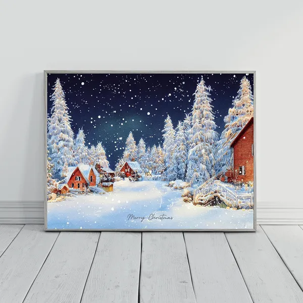 Winter Village Watercolor Poster, Holiday Landscape