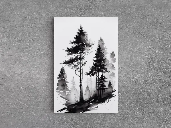 Black and White Pine Tree Forest Watercolor Art Print