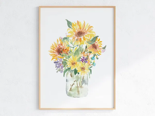 Sunflower Bouquet Watercolor Floral Vase Art Print
