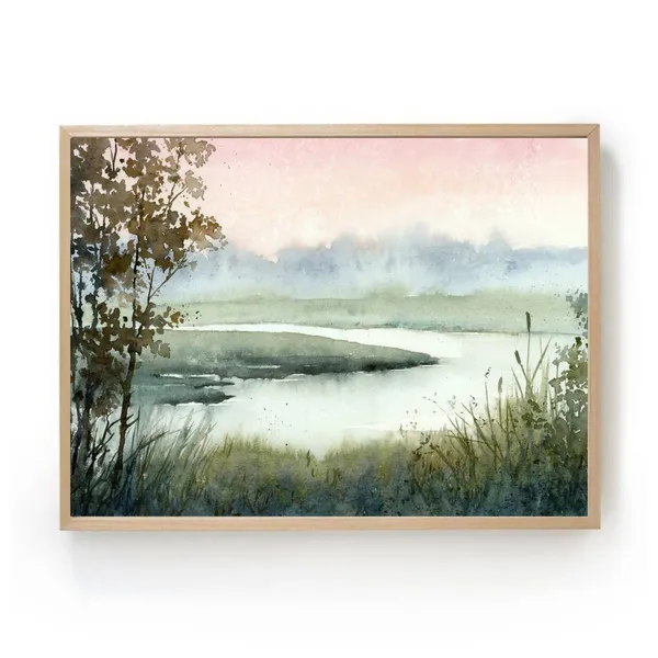Sunset River Watercolor Panoramic Landscape Art Print