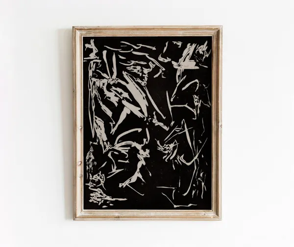 Busy Abstract Vintage Art Print, Dark Figures Shapes