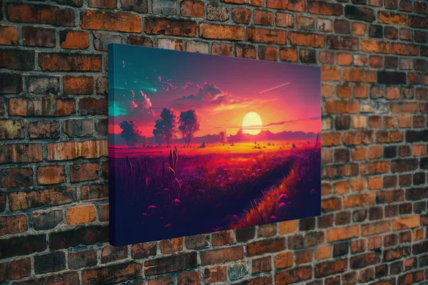Watercolor Sunset Over Flower Field, Art Print