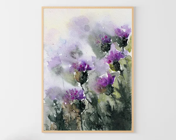 Scottish Meadow Thistle Wildflowers Watercolor Art Print