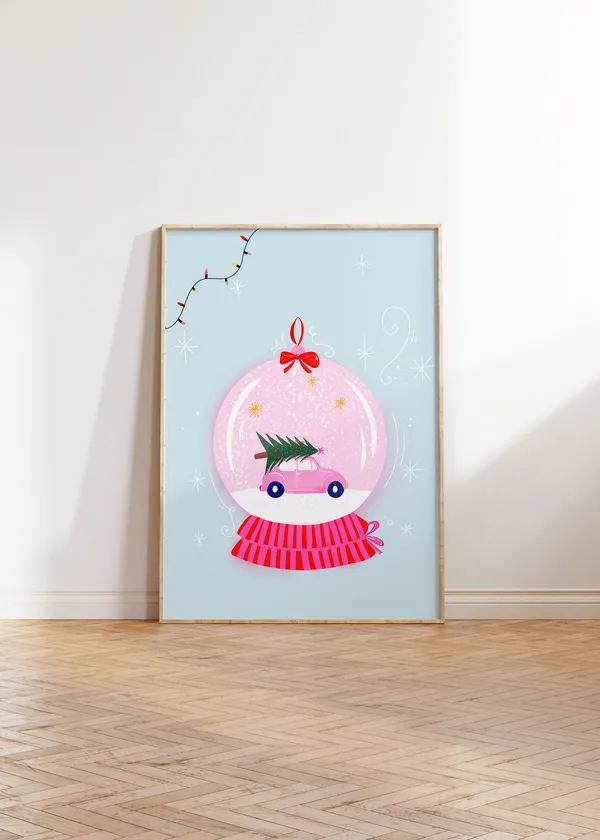 Pink Christmas Snow Globe Eclectic Wall Art Print