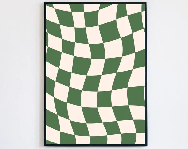 Sage Green Checkered Groovy Retro Art Print