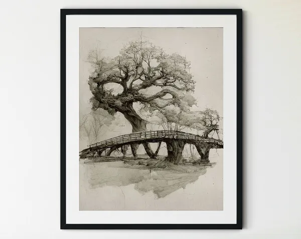 Neutral Tree Sketch Bridge Trees Art Print, Vintage