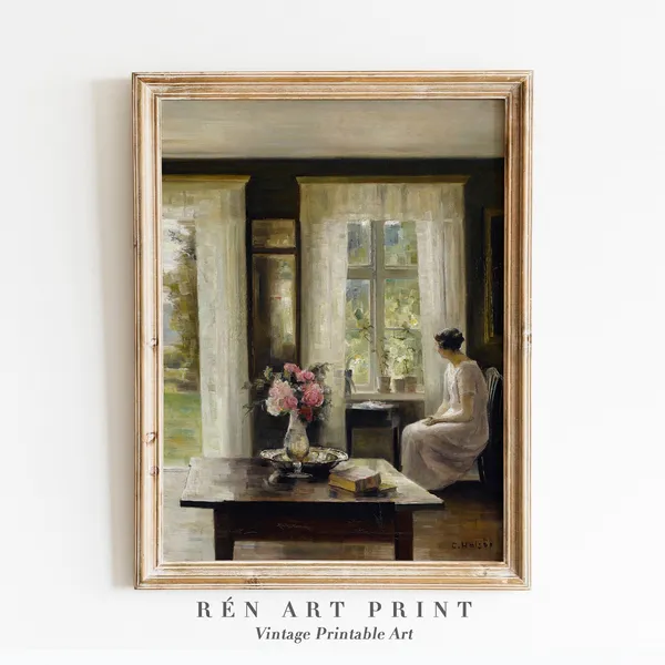 Vintage Woman Painting Print, Antique Interior Scene
