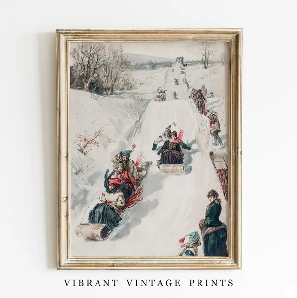 Vintage Christmas Sled Race Poster, Victorian Holiday