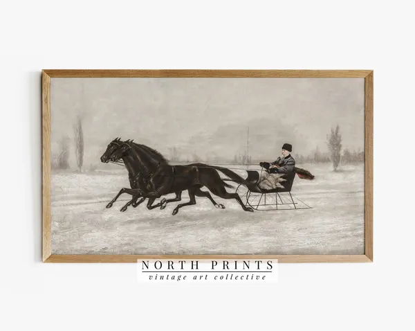 Winter Antique Horse-Drawn Sleigh Farmhouse Art Print