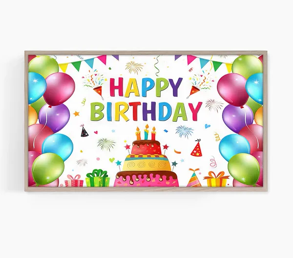 Birthday Cake and Balloons Art Print, Happy Birthday