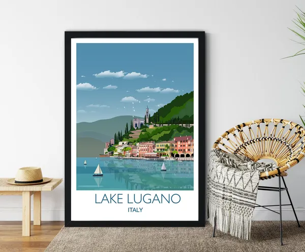 Lake Lugano Travel Poster, Italian Lakes Art Print