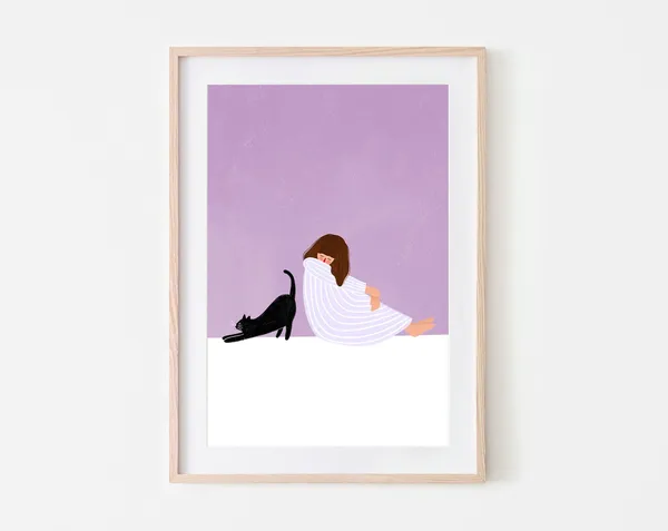 Girl and Cat Illustrated Art Print, Pet Illustration