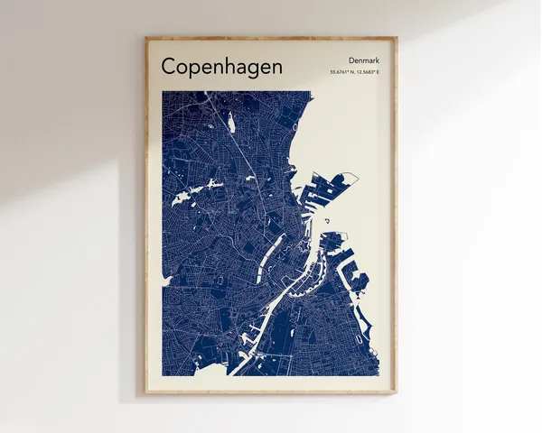 Copenhagen City Map, Travel Poster Wall Art