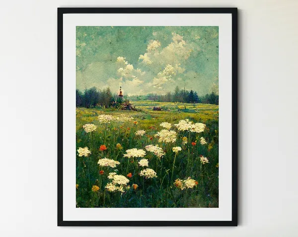 Vintage Spring Meadow Painting, Country Landscape Art Print