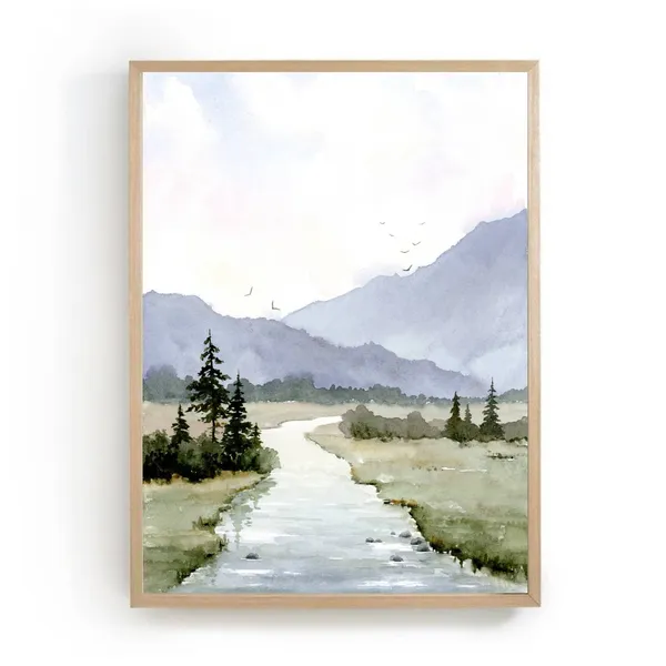 Mountain River Landscape Watercolor Art Print, Neutral