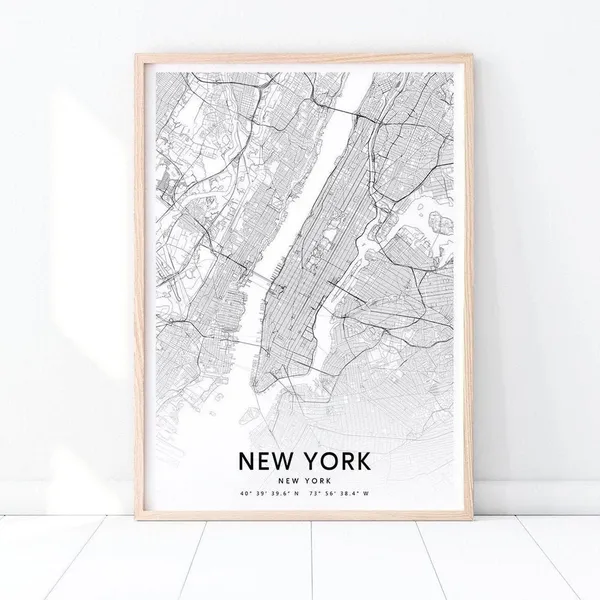 New York Map Art Print, Black White Modern