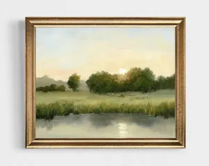 Sunset Field Oil-Painting Print, Neutral Countryside Landscape