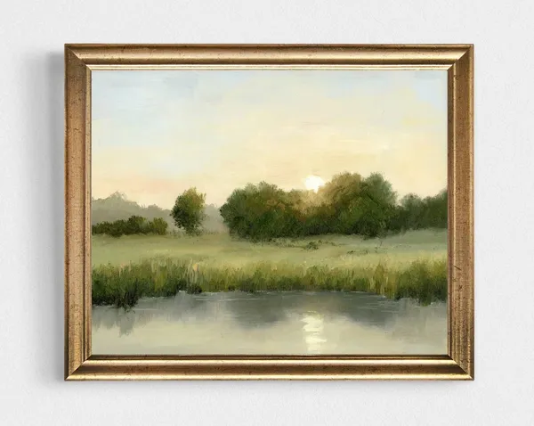 Sunset Field Oil-Painting Print, Neutral Countryside Landscape