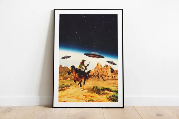 UFO Space Chase Retro Futuristic Exhibition Poster