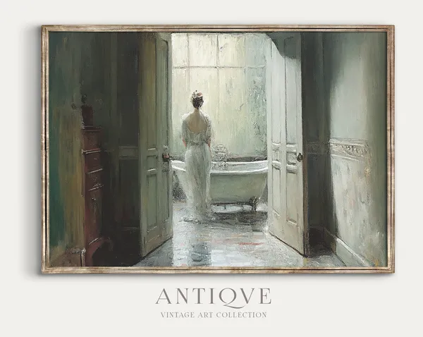 Antique Bathroom Woman Painting, Blue Portrait Art Print