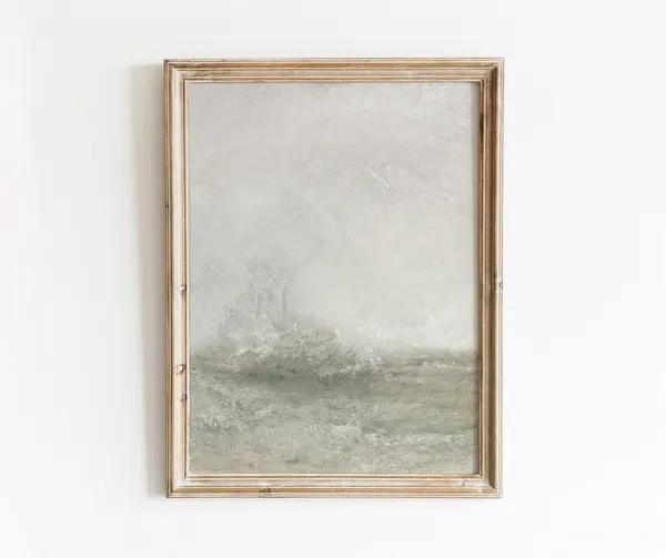 Crashing Waves Vintage Abstract Painting, Neutral Green Art
