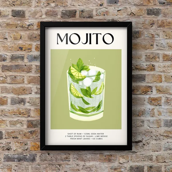 Mojito Cocktail Recipe Poster, Quirky Kitchen Decor