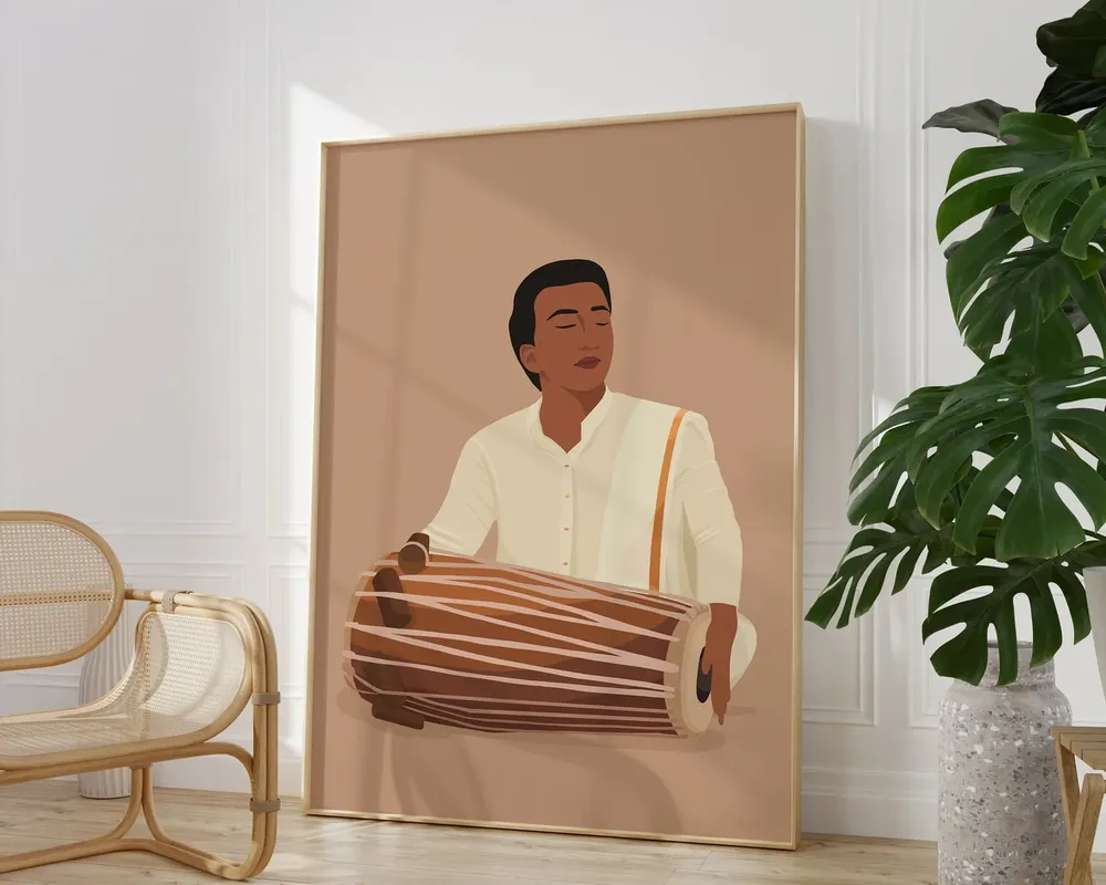 Indian Man Playing Mridangam, Desi Art Print - Image 2