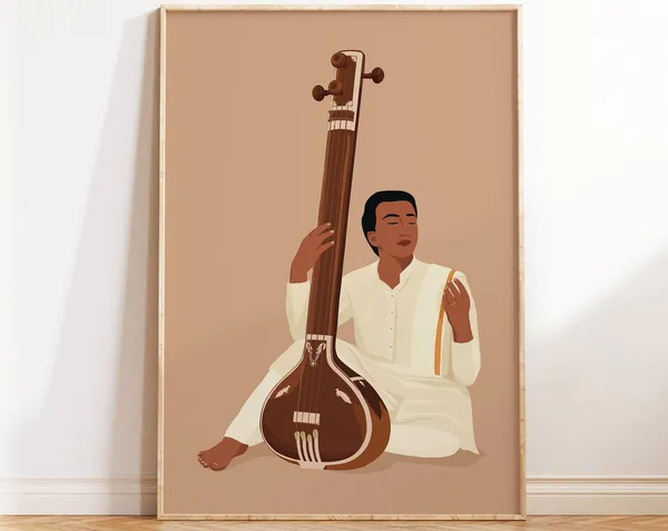 Indian Man Playing Tanpura, South Indian Art Print