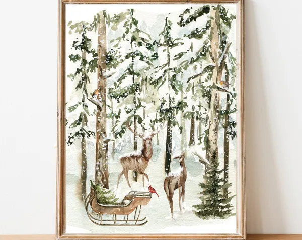 Vintage Winter Snow Scene Christmas Art Print