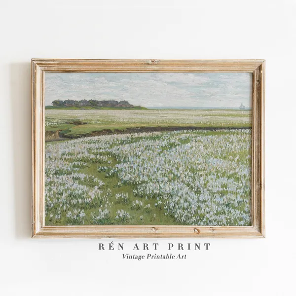 Spring Landscape Painting, Neutral Vintage Art Print