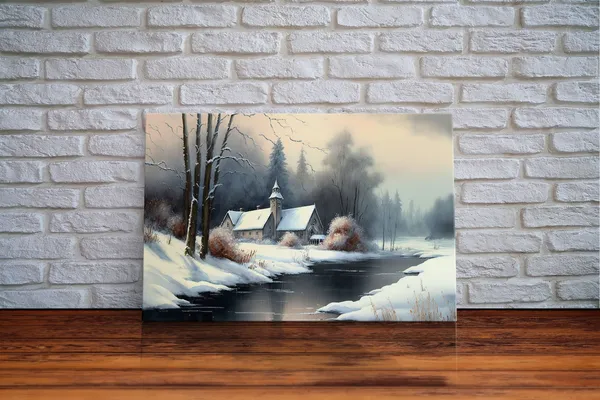 Snow Covered Landscape Church Art, Boho Minimalist Modern