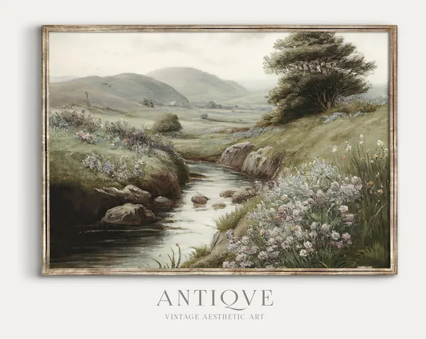 Irish Landscape Painting Stream With Flowers Art Print