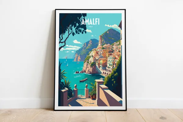 Amalfi Coast Retro Travel Poster, Italy Seaside