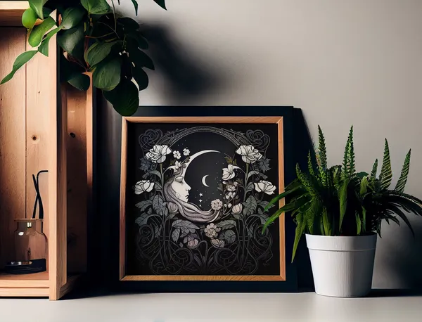 Art Nouveau Moon Flowers Moon Face Art Print