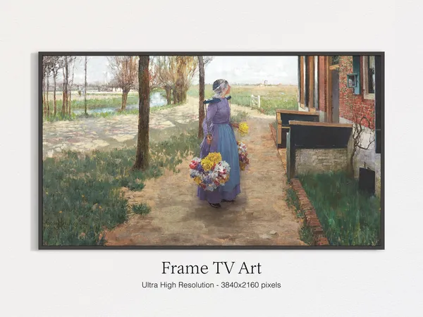 Girl With Flowers Scenery In Spring Art Print