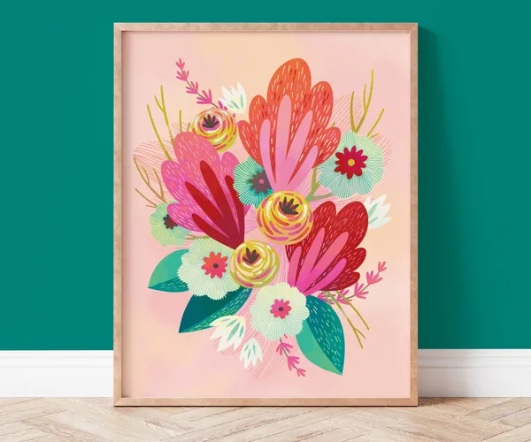 Colorful Flower Print, Pink and Red Botanical Art
