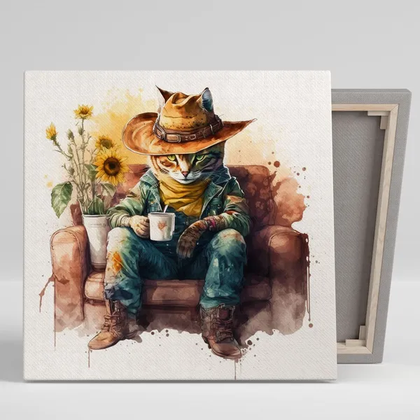 Cowboy Cat Art Print, Western Animal Wall Decor